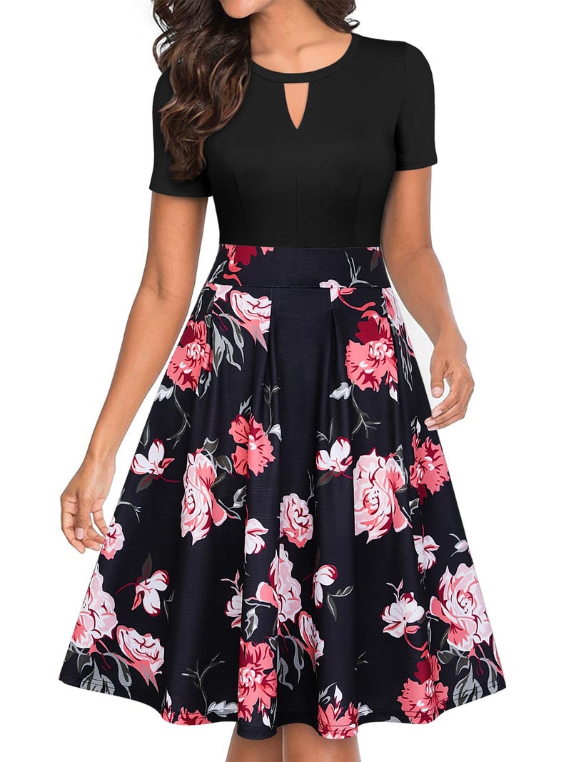 YATHON Women Dresses for Party Vintage Knee Length O Neck Black Floral Print Patchwork Short Sleeve Fit and Flare Swing Work Dresses with Pockets (S, YT018-Black Floral 04)